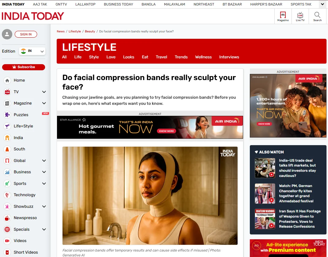 India Today article on facial compression bands, featuring Dr. Ruben Bhasin Passi