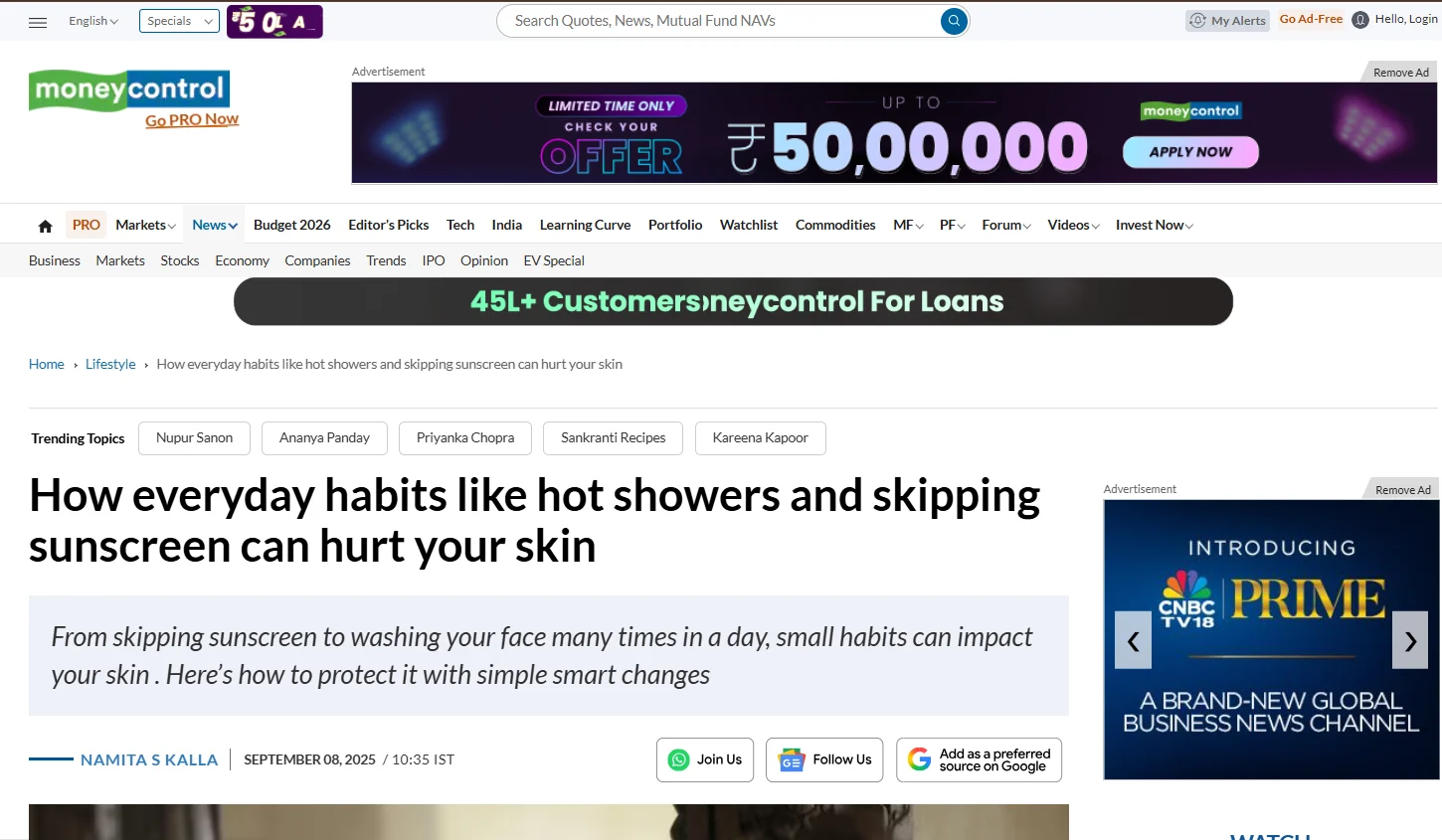 Moneycontrol article on everyday habits that damage skin, quoting Dr. Ruben Bhasin Passi