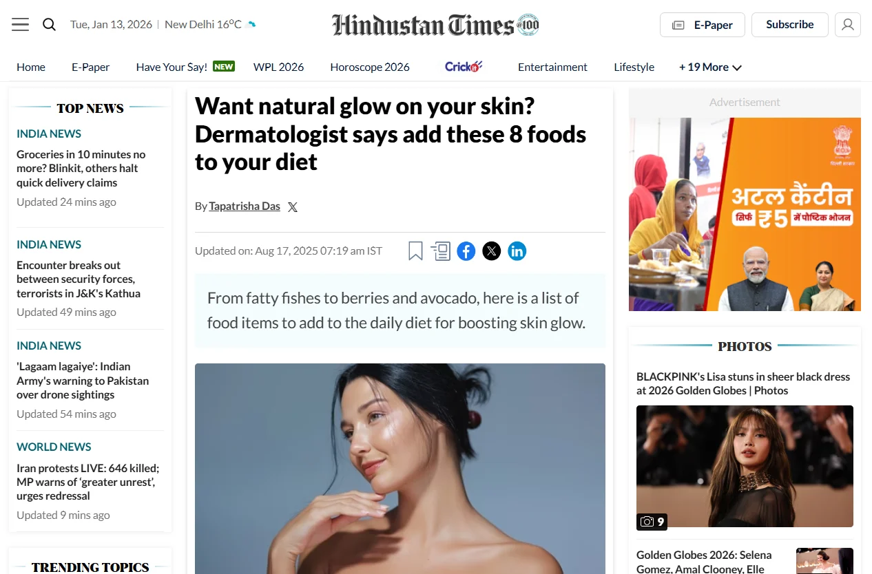 Hindustan Times article on foods for skin glow, quoting Dr. Ruben Bhasin Passi