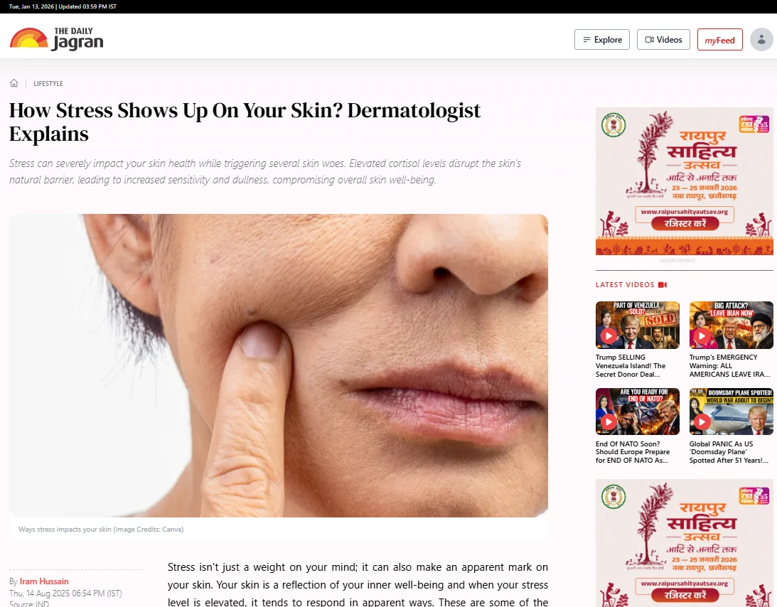 Dainik Jagran article: how stress shows up on your skin, featuring Dr. Ruben Bhasin Passi